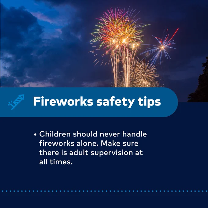 Fireworks safety tips
-Children should never handle fireworks alone. Make sure there is adult supervision at all times.