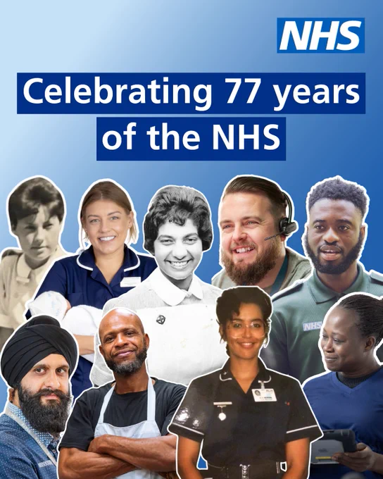 Image of diverse NHS staff. Text on image reads: Celebrating 77 years of the NHS. The NHS logo is in the top right corner.