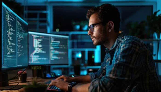 A focused software engineer working late at night on dual monitors displaying code, representing the demand to hire full stack developers for complex projects.