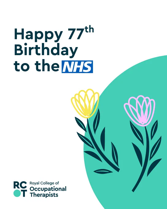 Celebrating the NHS’s 77th birthday, featuring the message “Happy 77th Birthday to the NHS” alongside illustrated pink and yellow flowers.