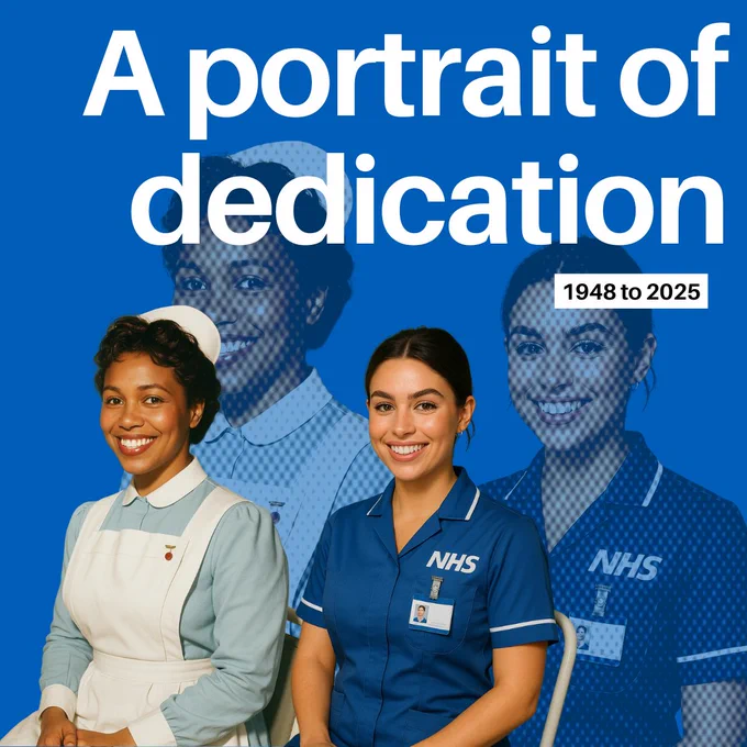 A portrait of dedication: 1948 to 2025. Two nurses, one vintage from 1948 and one modern from 2025 in their uniforms sitting down, smiling.