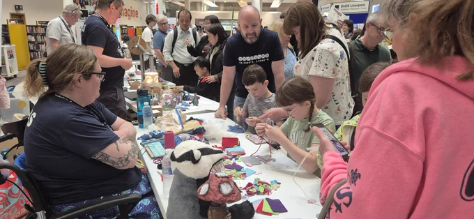Liverpool Makefest sewing fabric with steam engineers 