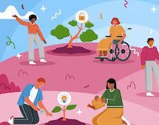 Illustration of diverse people nurturing symbolic plants, representing growth, ideas, and inclusion.
