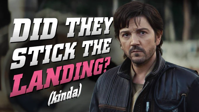 An edited thumbnail image: A screenshot from Andor of Cassian looking forward past the camera at an unseen person, a foreboding look on his face. He's standing outside, in front of the blurry shape of a starship on a Yavin landing pad. Next to him are large graphic letters in a bold serifed font, rendered in gradient white: "did they stick the landing?" "Landing" is coloured bright pink. Undernearth, in smaller letters and parentheses, reads "(kinda)." 