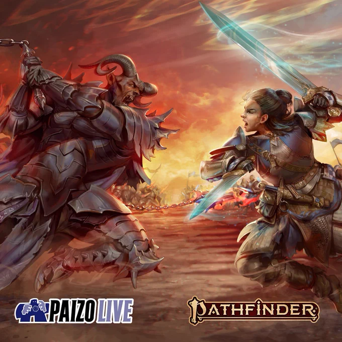 An eagle knight with a blade in each hand goes head to head with a hellspawn nephilim Hellknight (Order of the Rack) on a blazing battlefield. In the bottom left corner of the image is the "Paizo Live" logo, and in the bottom right corner of the image is the "Pathfinder" logo. 