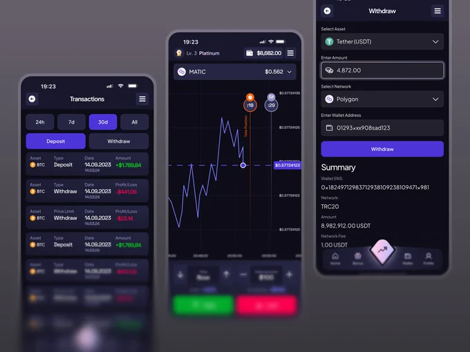 Crypto app with transaction history, MATIC price chart, and USDT withdrawal screen in dark mode
