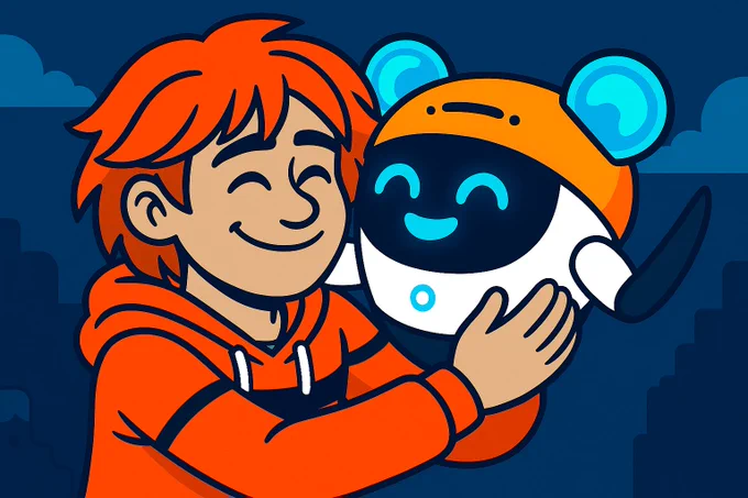 Cartoon-style illustration of a red-haired boy hugging a smiling round robot with glowing blue ears. The image celebrates Virtual Hug Day for Virtual Assistants and represents emotional connection between humans and friendly AI companions. Sixth Force game characters hugs. Warm, friendly, digital art.