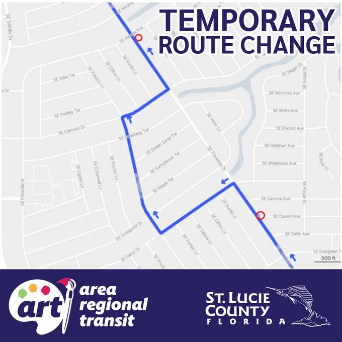 Map showing a temporary bus route change in St. Lucie County with a blue line marking the new path and red circles indicating stops.