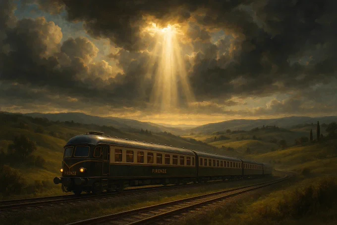 Ein himmlischer Strahl goldenen Lichts bricht durch dramatische Wolken im Renaissance-Stil und beleuchtet einen eleganten europäischen Oldtimer-Zug mit der Aufschrift „Firenze“, der durch die sanften Hügel der Toskana gleitet. Die Szene wirkt wie ein himmlisches Omen und verbindet malerischen Realismus mit filmischer Tiefe.
