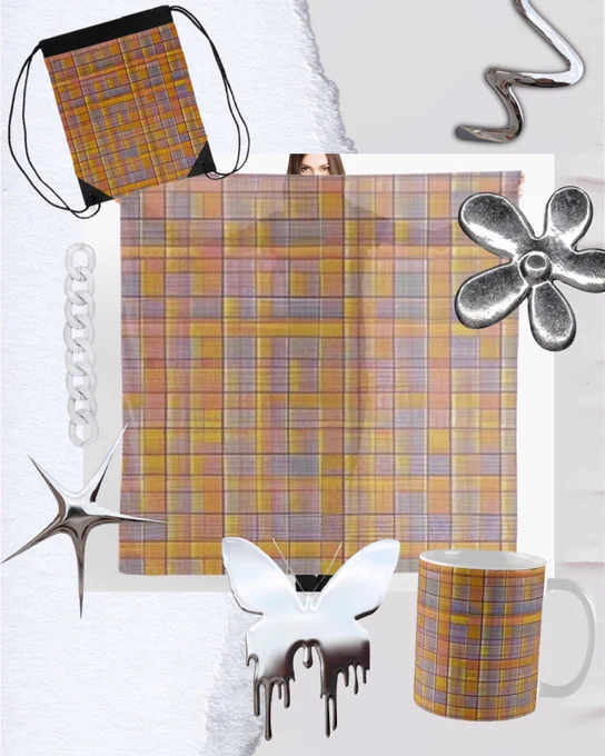 Plaid pattern in soft orange, yellow, violet and gray tones. Shown on a scarf, drawstring bag and mug. Ideal for cozy autumn accessories and lovers of colorful structure.