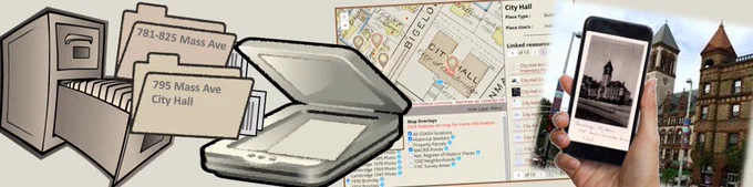 Collage of images featuring a drawn mailbox with an address on Massachusetts Avenue, a Google Maps screenshot showing directions to City Hall, and a hand holding a smartphone displaying a photo of a historic building.