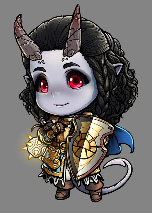 Chibi illustration of a female tiefling cleric. Her skin is pale blue, hair is warm black, and eyes are intense red. She is wearing armor in gold, white, and blue, and has the Blood of Lathander mace at her side.