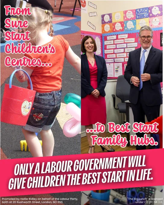 Split graphic with picture of a child at playtime on the left that says “From Sure Start Children's Centres…” then with picture of Keir Starmer and Bridget Phillipson on the right that says “...to Best Start Family Hubs.”

And then along the bottom in a ted box it says “Only a Labour government will give children the best start in life.”

