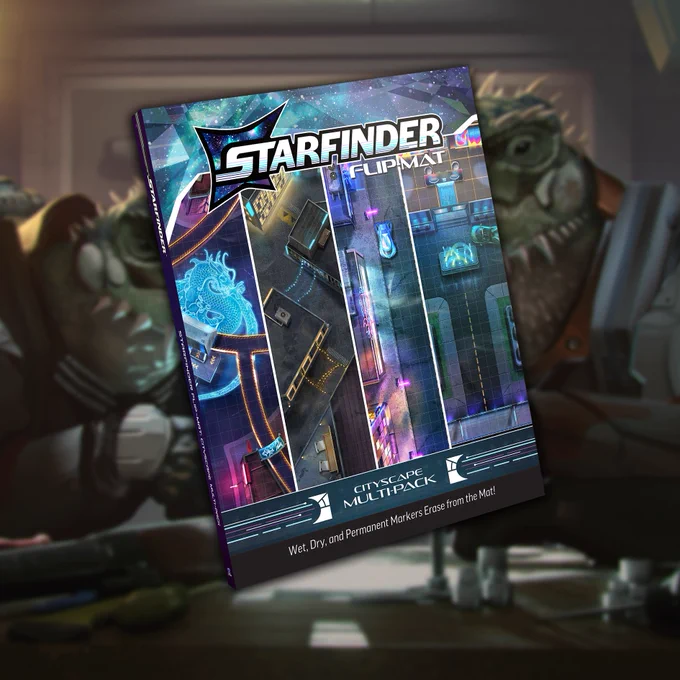 The Starfinder Cityscape Flip Mat Multi-Pack floats in front of a blurred image of two vesks from Starfinder in discussion.