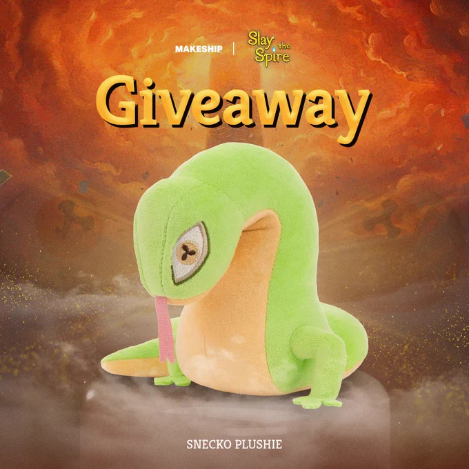 A cute, chibi-esque plushie of Snecko from Slay the Spire, with the Makeship and Slay the Spire logos at the top as well as the word "Giveaway"