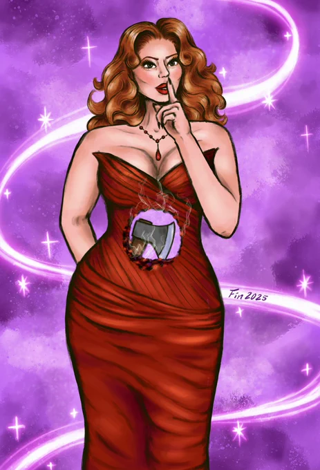 my digital drawing of Helen Sharp from the Death Becomes Her musical. Sparkly magic purple background with glitter and Helen in her signature red dress with the hold on her stomach through which we can see her holding an axe behind her back. Other hand on her mouth in an sushing motion.