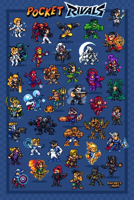 Pixel art of Marvel Rivals characters drawn in a Neo Geo Pocket style.