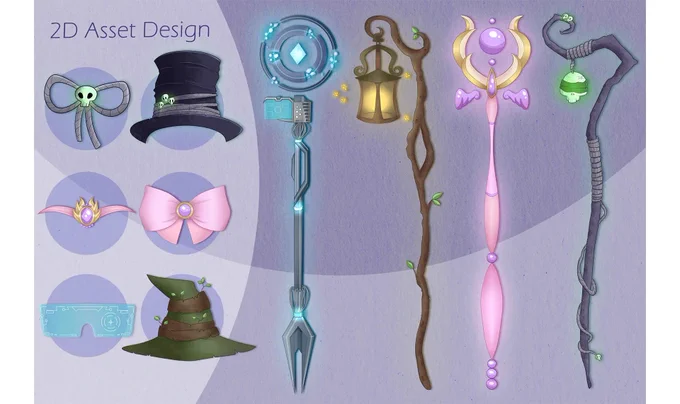 various vtuber model assets, including techno, druid, necromancer and magical girl staff designs, hats, and glasses.