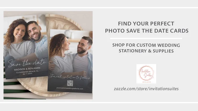 Modern minimalist Save the Date card with elegant calligraphy, custom engagement photos, and QR code linking to wedding website—perfect for stylish, tech-savvy couples.