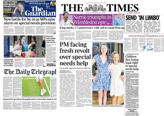 Pic is a montage of print news stories including front pages of The Times, Guardian and The Daily Telegraph. 