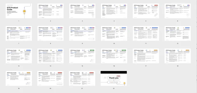 Google ISTE Product Guide PDF thumbnails - 22 pages.