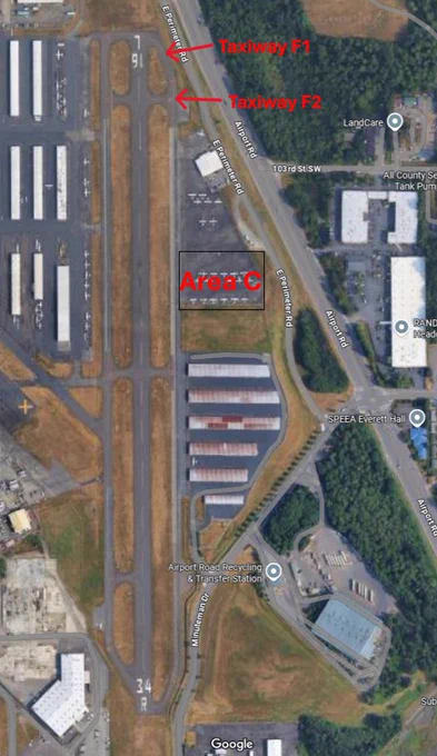 Aerial photo of Paine Field depicting construction areas on Runway 16L-34R, including Work Area C, Taxiway Foxtrot 1, and Taxiway Foxtrot 2