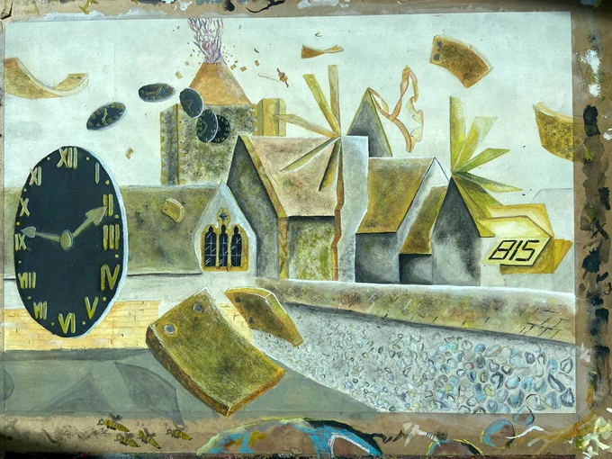'Tick Tock Goes The Clock 9/11' gouache painting James Sanger 1987