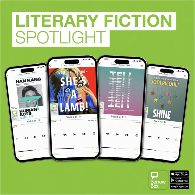 Four smartphones display audiobook covers for literary fiction titles against a green background with the text 'Literary Fiction Spotlight'.