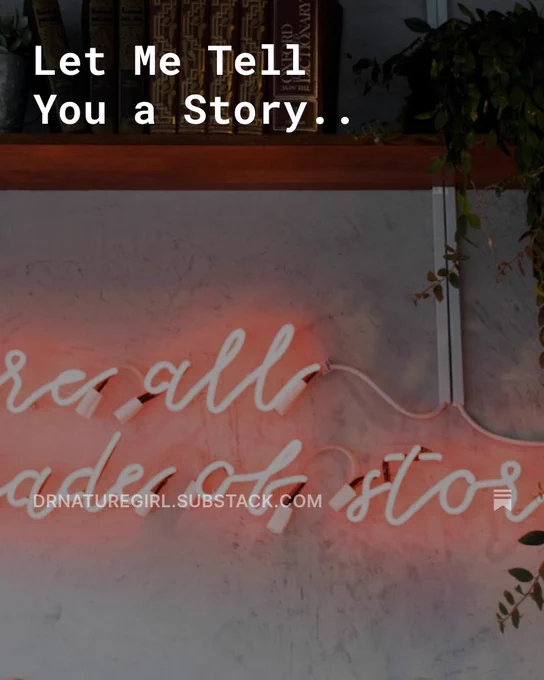 text Let me tell you a story  on a background photo of a neon sign which reads we are all@made of stories.  Drnaturegirl.substack.com