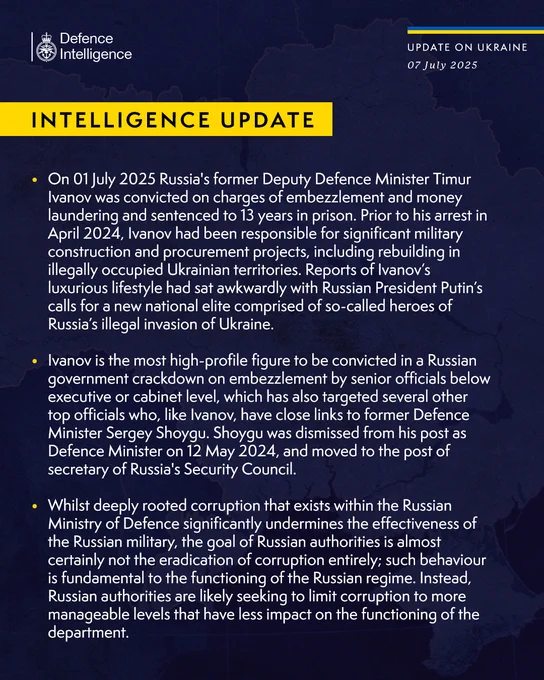 On 01 July 2025 Russia's former Deputy Defence Minister Timur Ivanov was convicted on charges of embezzlement and money laundering and sentenced to 13 years in prison. Prior to his arrest in April 2024, Ivanov had been responsible for significant military construction and procurement projects, including rebuilding in illegally occupied Ukrainian territories. Reports of Ivanov’s luxurious lifestyle had sat awkwardly with Russian President Putin’s calls for a new national elite comprised of so-called heroes of Russia’s illegal invasion of Ukraine.