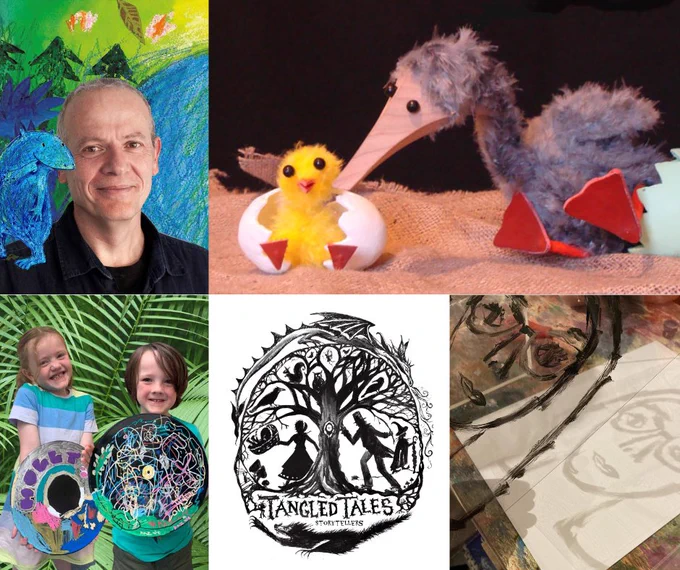 Five images promoting free summer events with Herefordshire Libraries. Clockwise from top left: Petr Horacek with an illustration of his character the Blue Monster on his shoulder; The Ugly Duckling with its beak touching a newly hatched chick from Seal Legs Puppet Theatre's eponymous show; art work from a Sarah Morton workshop; the logo from Tangled Tales Storyteller; two children holding vinyl records decorated with posca pens.