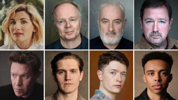 Composite image featuring headshots of eight of the cast joining Dear England. These include Jodie Whittaker, Jason Watkins, John Hodgkinson, Daniel Ryan, Sam Spruell, Adam Hugill, Josh Barrow and Lewis Shepherd.
