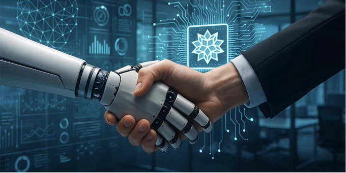 Human and Robot shaking hands.