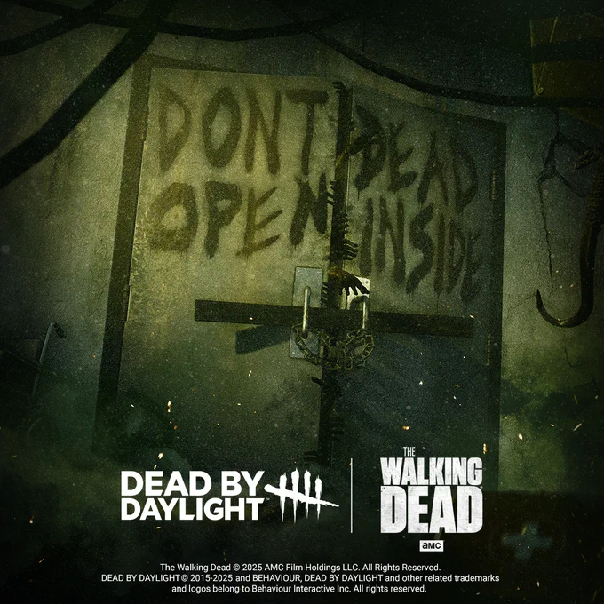 A locked door with hands reaching out through the opening. The text on the door reads: Don't open, Dead inside. The Dead by Daylight and The Walking Dead logos are placed side by side.