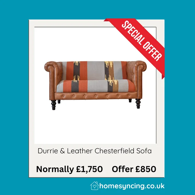 Durrie and Leather Chesterfield Sofa
Normally £1750 and Offer £850
www.homesyncing.co.uk