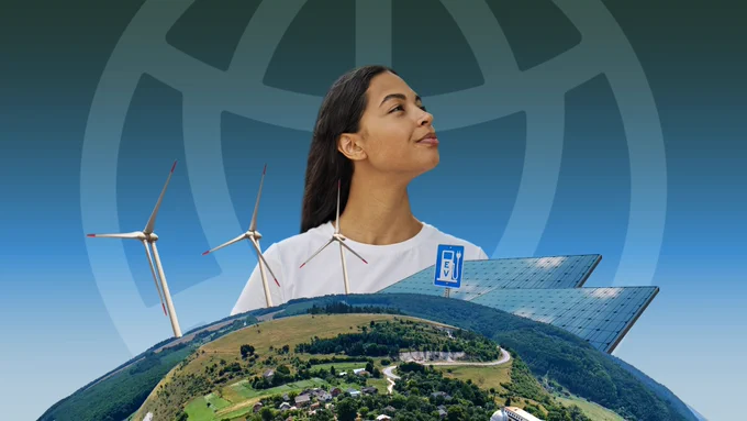 Collage shows a woman looking skyward, surrounded by climate innovations and a green earth