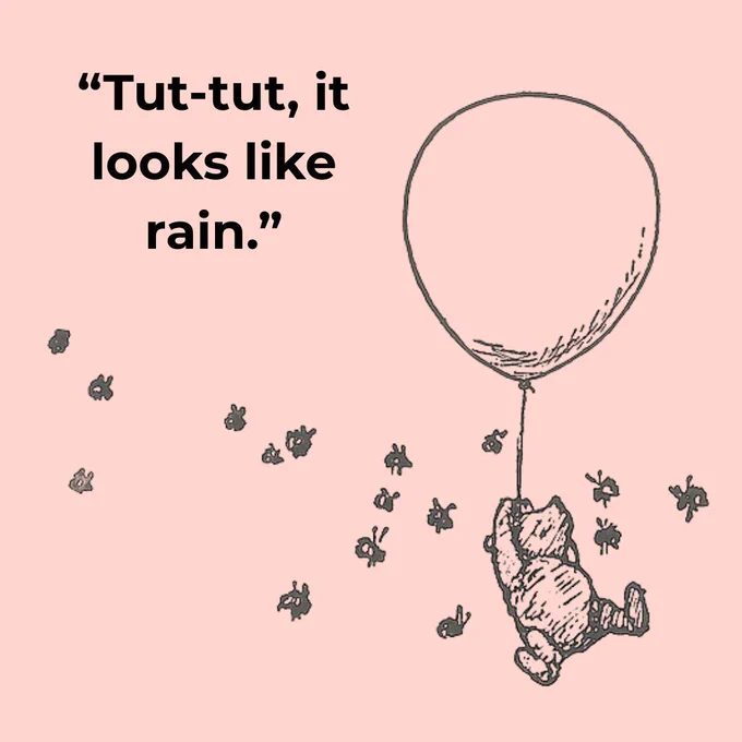 A black line drawing from A.A. Milne's Winnie-the-Pooh - of Pooh bear holding onto the string of a large balloon and floating through the air, surrounded by bees. The background is the Phoebe Reads a Mystery logo pink, and text on the image reads: "Tut-tut, it looks like rain."