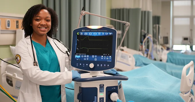 Respiratory Care student wearing a stethoscope and gloves smiles while standing beside a ventilator machine in a clinical simulation lab.