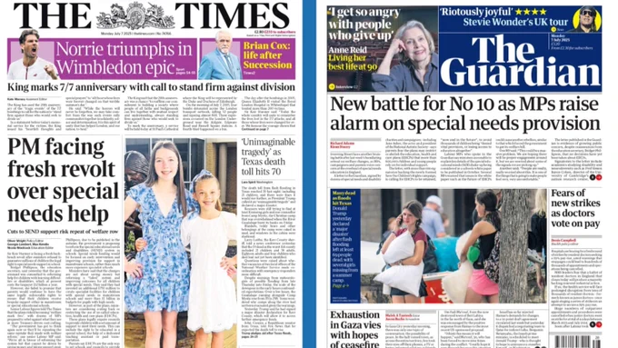 Graphic showing the front pages of The Times and The Guardian newspapers. The Times headline reads: “PM facing fresh revolt over special needs help” The Guardian headline reads: “New battle for No 10 as MPs raise alarm on special needs provision”