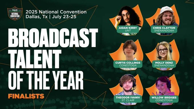 A graphic showing the finalists for the NACE 2025 Broadcast Talent of the Year:
From Shenandoah University: Chris Clayton
From Conestoga College: Curtis Collings
From University of North Texas: Aidan Kirby
From Conestoga College: Willow Bridges
From Shenandoah University: Molly Denz
From St. Clair College: Theodor Ivaniv