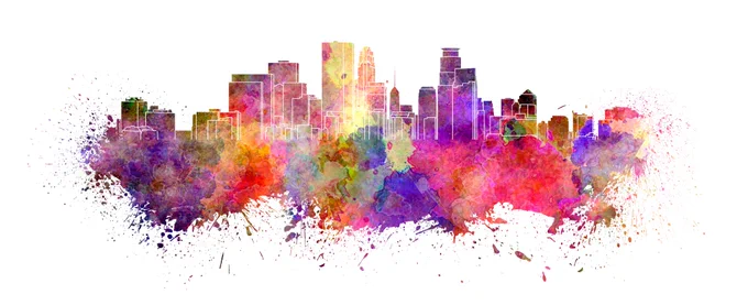 Abstract painting of the Minneapolis skyline.