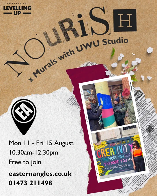 Poster with a collage of papers and photos of murals and people painting. Along the top is the project title Nourish