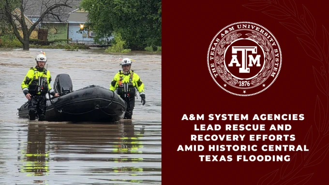 Texas A&M University System agency members conducting a rescue operation in a flooded area during historic Central Texas flooding.
