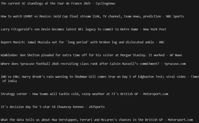 Output: Top headlines in sports.
