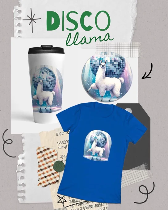 Illustration of a dancing white llama with shiny eyes, standing in front of a large disco ball. Surrounded by pastel light effects and sparkles. The design appears on a blue t-shirt, a travel mug, and a round pin. Ideal for fans of fun, energetic, and quirky animal art.
