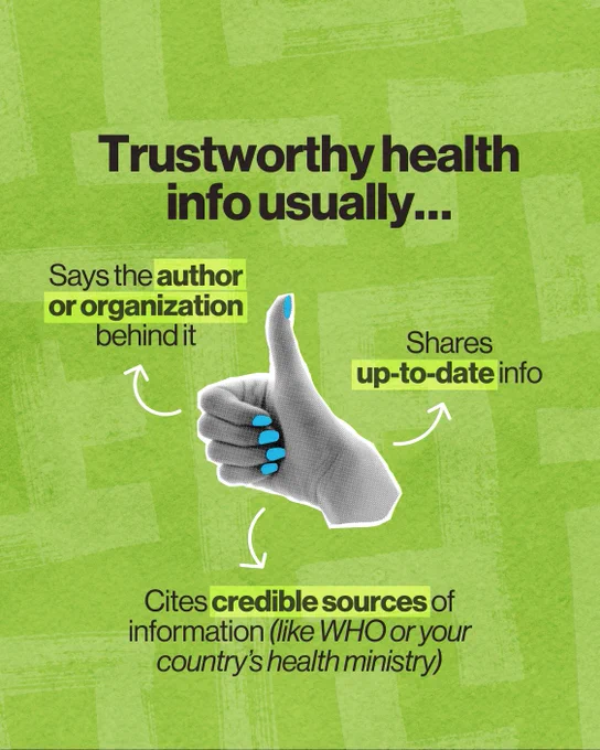 Text overlay: Trustworthy health info usually: says the author or organization behind it, shares up-to-date info, cites credible sources of information (like WHO or your country's health ministry).