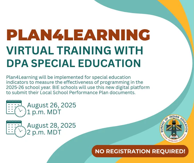 Plan4Learning virtual training sessions for DPA special education scheduled on August 26 and 28, 2025, with no registration needed.