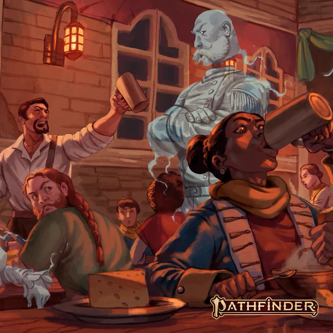 Citizens of Galt drink from pints at a pub while conversing with ghosts during a raucous evening. In the bottom right corner of the image is the "Pathfinder" logo. 