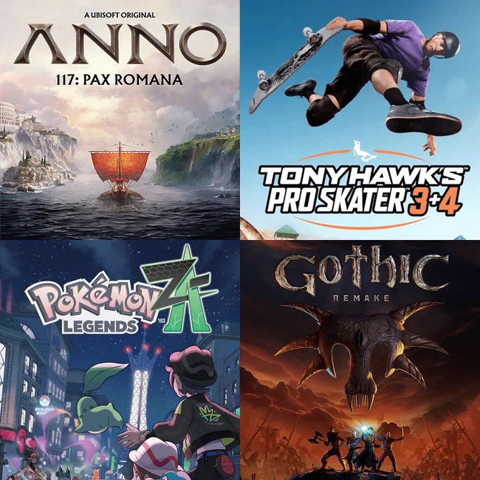 The video game cover art of Anno 117, Tony Hawk's Pro Skater 3 4, Pokémon Legends Z-A and Gothic Remake.