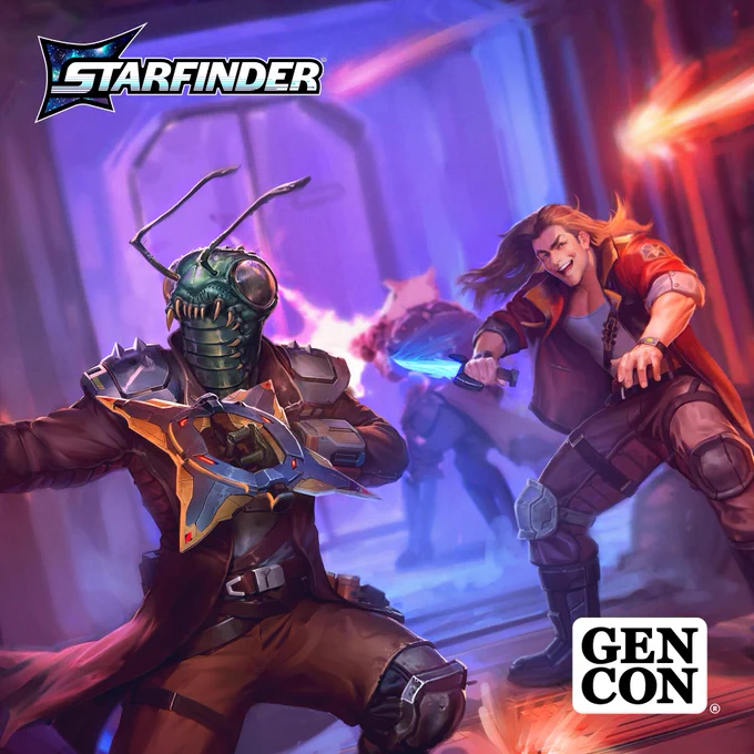 A trio of free captains fight off oncoming fire on a space ship. In the top left corner of the image is the "Starfinder" Second Edition logo, and in the bottom right corner of the image is the "Gen Con" logo. 